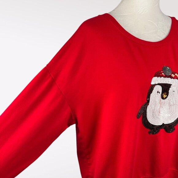 Tahari Sequin Penguin Sweatshirt Red Meduim - Picture 8 of 11